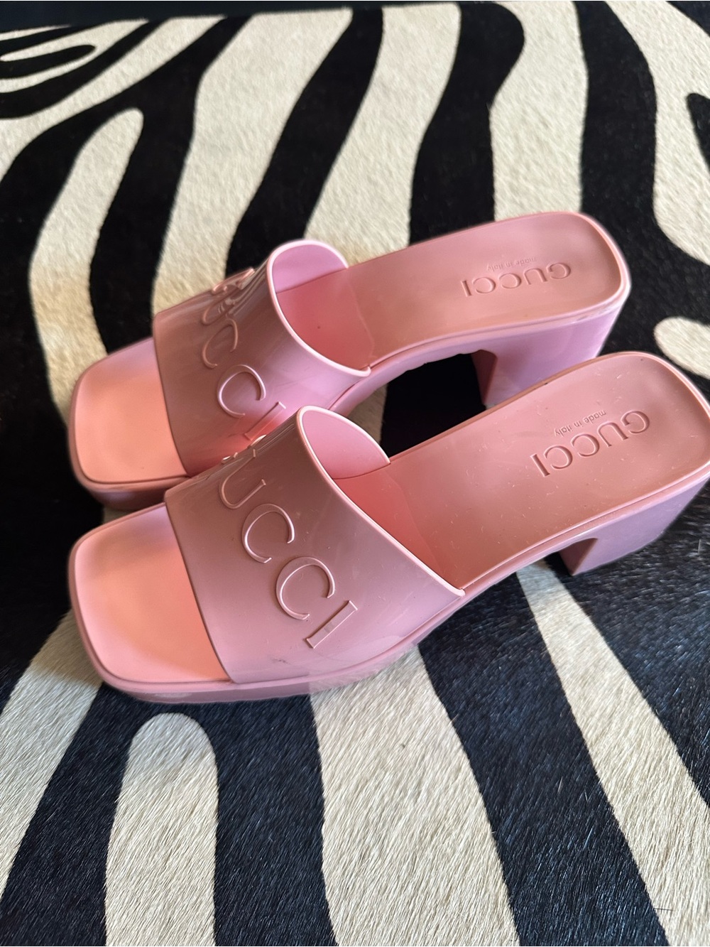 Gucci Pink Platform Logo Slide Mules